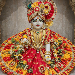 Vraj Utsav Red & Yellow Festive Laddu Gopal Poshak with Floral Pagdi